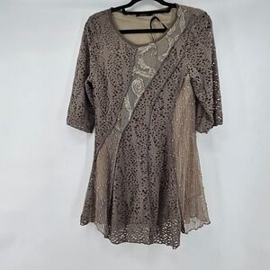 Woodland Fairy Gruge Taupe Lace Mesh Patchwork Tunic Top Blouse M Earthy Boho